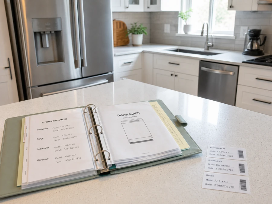 Kitchen manuals and appliance records prepared for a home handoff.